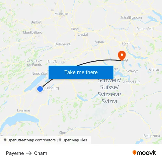 Payerne to Cham map