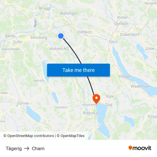 Tägerig to Cham map