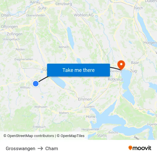 Grosswangen to Cham map