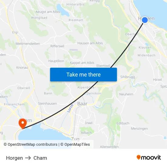 Horgen to Cham map