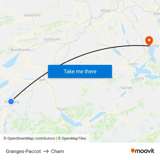 Granges-Paccot to Cham map
