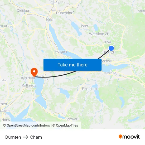 Dürnten to Cham map