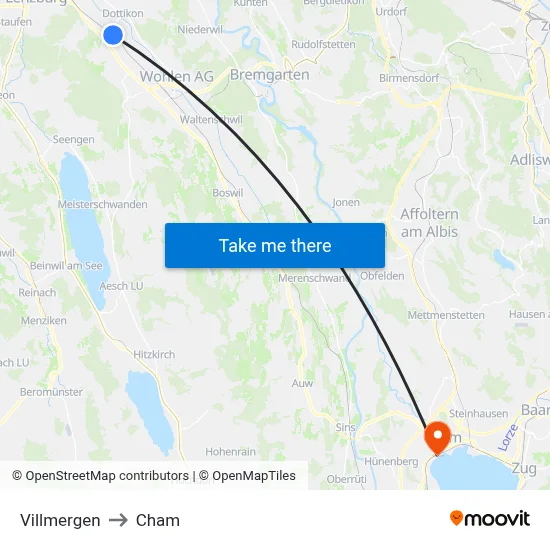 Villmergen to Cham map