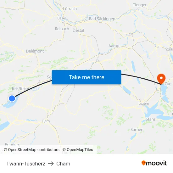 Twann-Tüscherz to Cham map