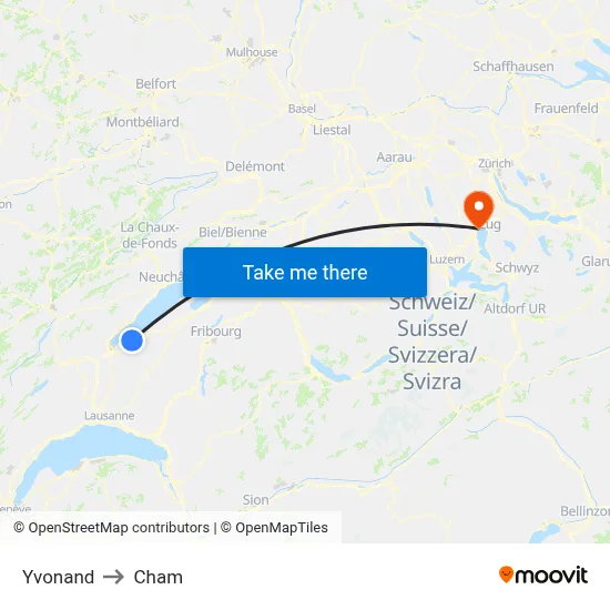 Yvonand to Cham map
