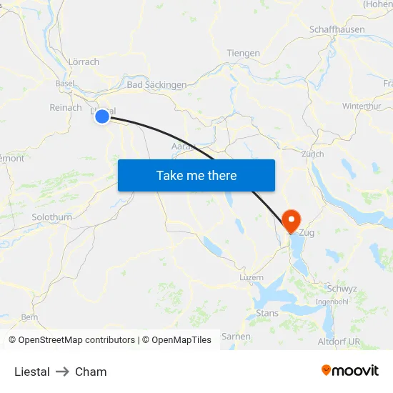 Liestal to Cham map