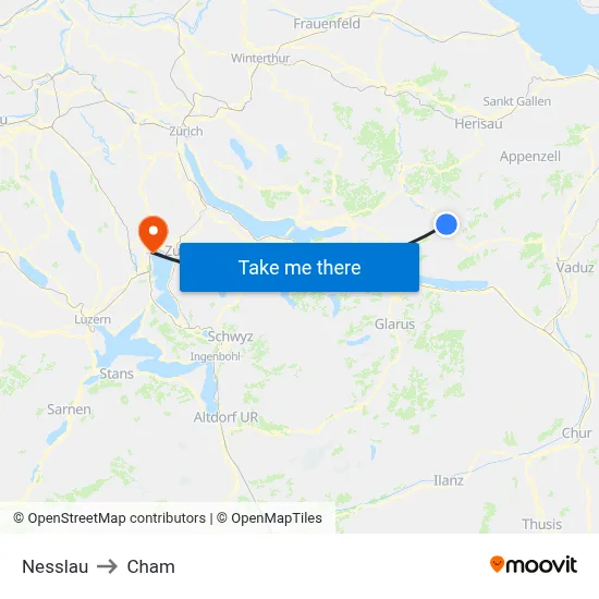 Nesslau to Cham map