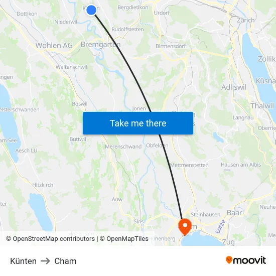 Künten to Cham map