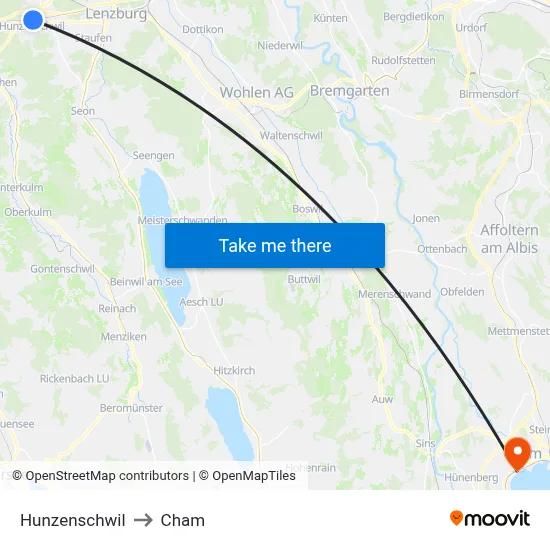 Hunzenschwil to Cham map