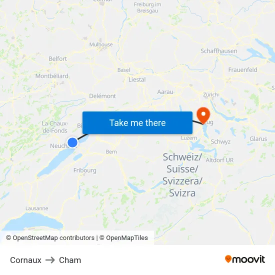 Cornaux to Cham map