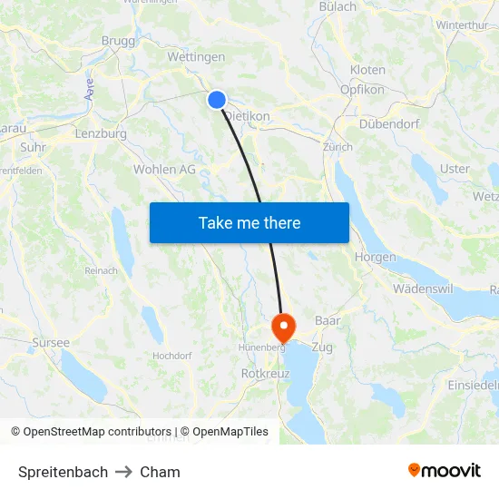 Spreitenbach to Cham map