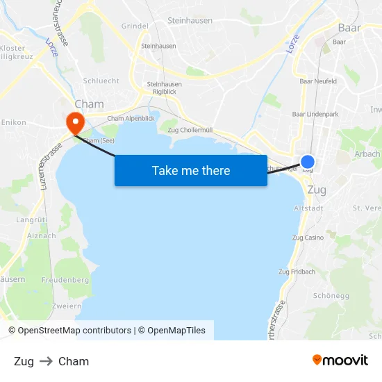 Zug to Cham map