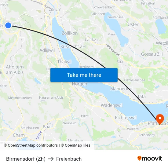 Birmensdorf (Zh) to Freienbach map