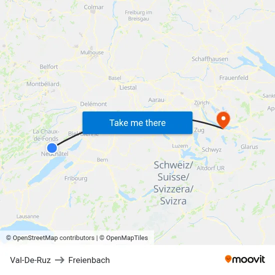 Val-De-Ruz to Freienbach map