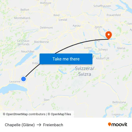 Chapelle (Glâne) to Freienbach map