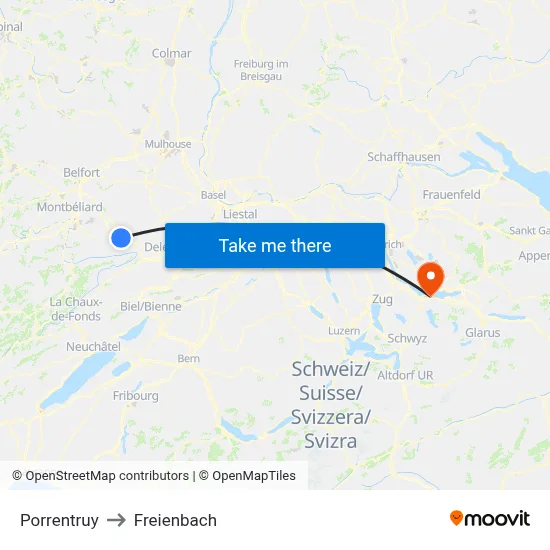 Porrentruy to Freienbach map
