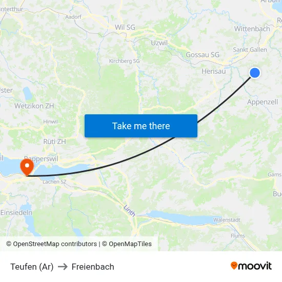 Teufen (Ar) to Freienbach map