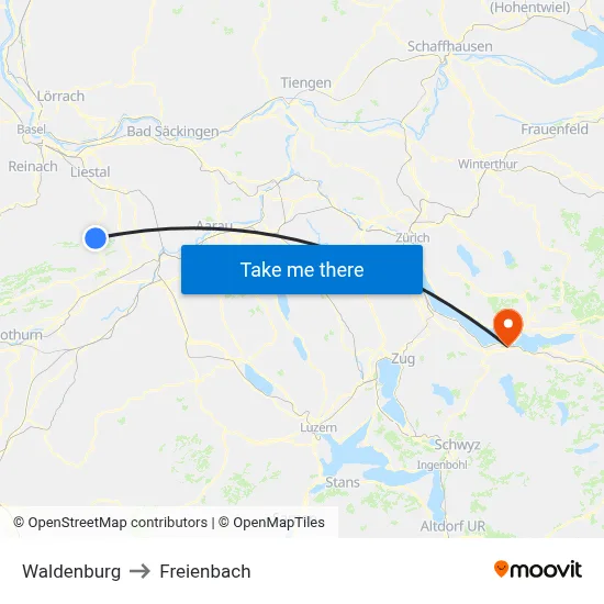 Waldenburg to Freienbach map