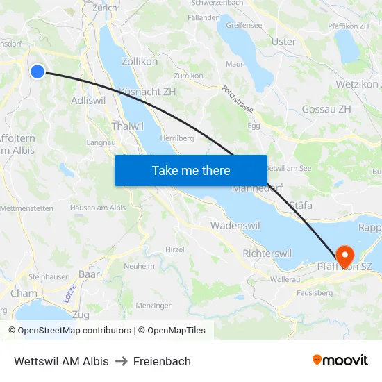 Wettswil AM Albis to Freienbach map