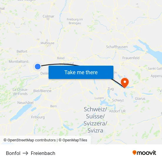 Bonfol to Freienbach map