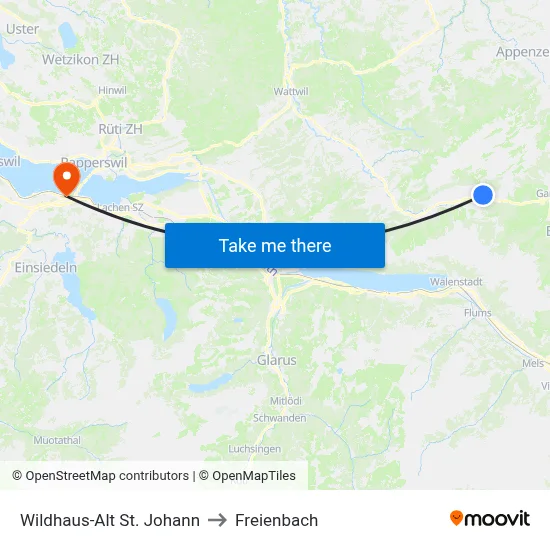 Wildhaus-Alt St. Johann to Freienbach map