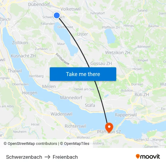 Schwerzenbach to Freienbach map