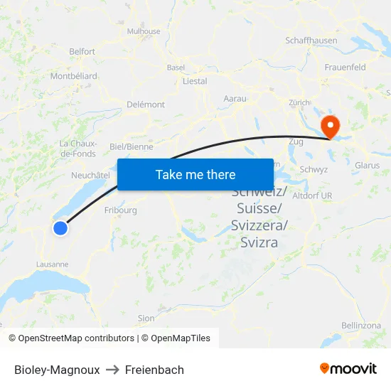 Bioley-Magnoux to Freienbach map