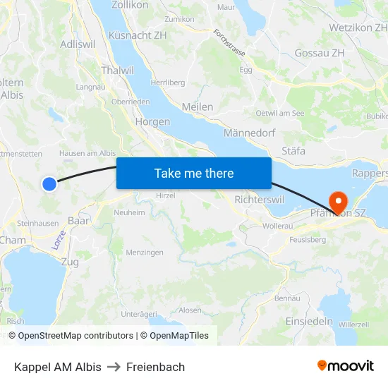 Kappel AM Albis to Freienbach map