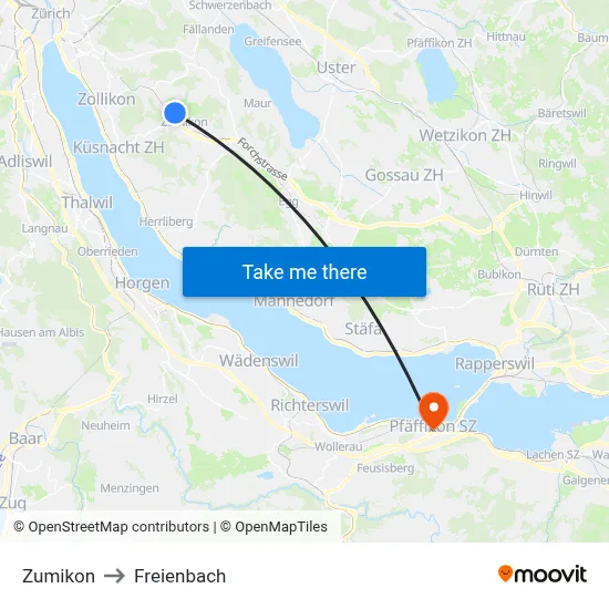 Zumikon to Freienbach map