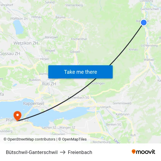 Bütschwil-Ganterschwil to Freienbach map