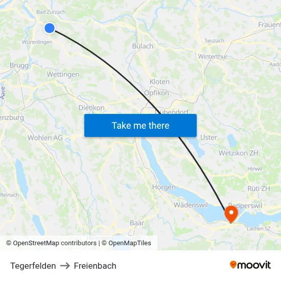 Tegerfelden to Freienbach map