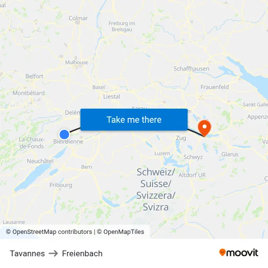 Tavannes to Freienbach map