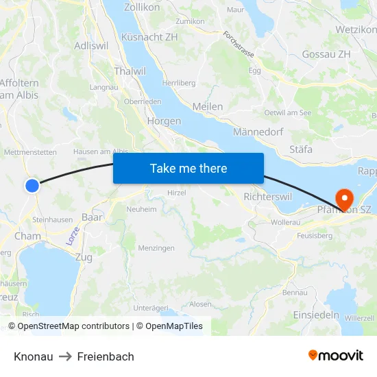Knonau to Freienbach map
