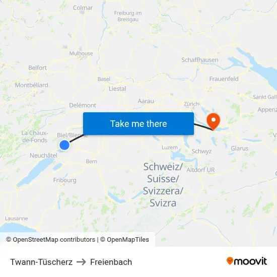 Twann-Tüscherz to Freienbach map