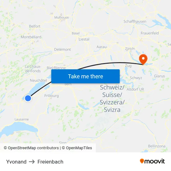 Yvonand to Freienbach map