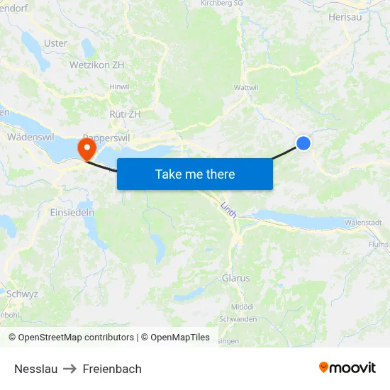 Nesslau to Freienbach map