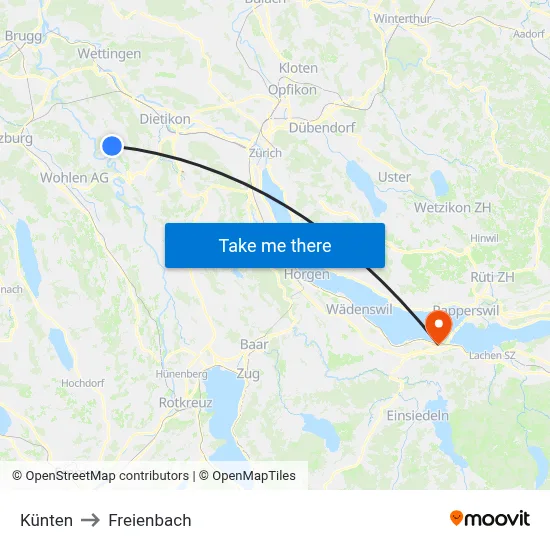 Künten to Freienbach map