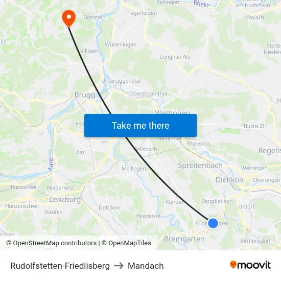 Rudolfstetten-Friedlisberg to Mandach map
