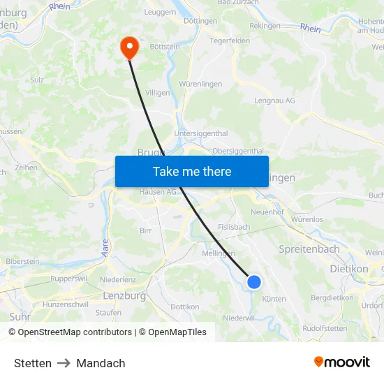 Stetten to Mandach map