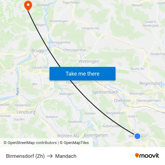 Birmensdorf (Zh) to Mandach map