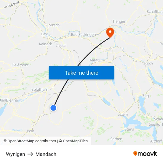 Wynigen to Mandach map