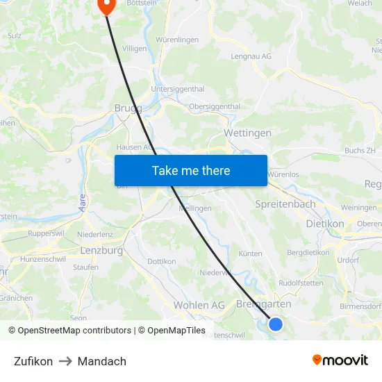 Zufikon to Mandach map