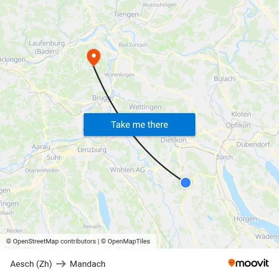 Aesch (Zh) to Mandach map