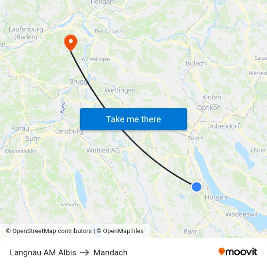 Langnau AM Albis to Mandach map