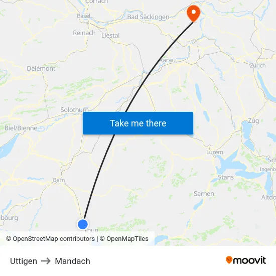 Uttigen to Mandach map