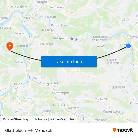 Glattfelden to Mandach map