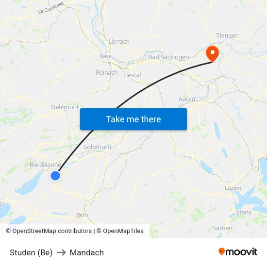 Studen (Be) to Mandach map