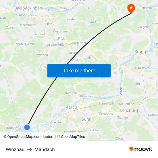 Winznau to Mandach map