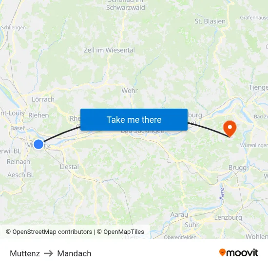 Muttenz to Mandach map