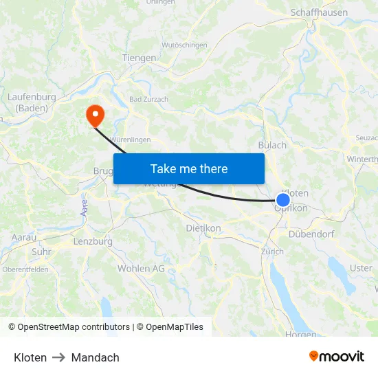 Kloten to Mandach map